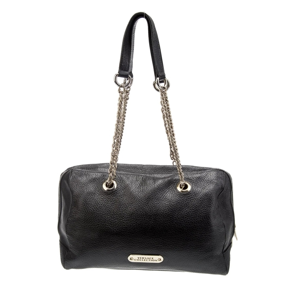 Versace Collection Black Leather Shoulder Bag with Silver Chain